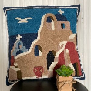 Vtg 90’s Handmade needle wool crafted Cushion Greek scenery art Size 15.5”x15.5”